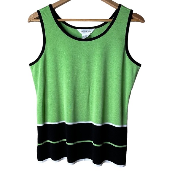Misook Tops - MISOOK Top Tank Vintage Knit Green Black White Stripes Side Slits Size M